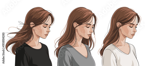 Stylized portraits of women with closed eyes and flowing hair, fashion icons illustration in black, gray, and white tops for beauty and lifestyle themes.