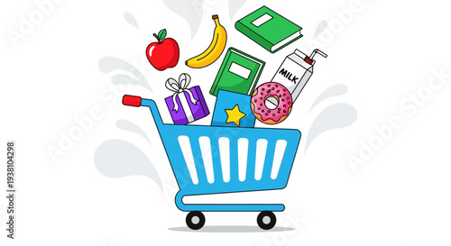 Blue shopping cart filled with various products and gifts.