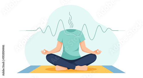 Person meditating in lotus position with sound waves emanating from head.