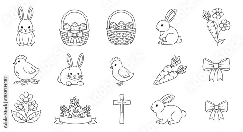 Collection of simple black and white vector line art icons featuring cute easter bunnies chicks baskets and decorations