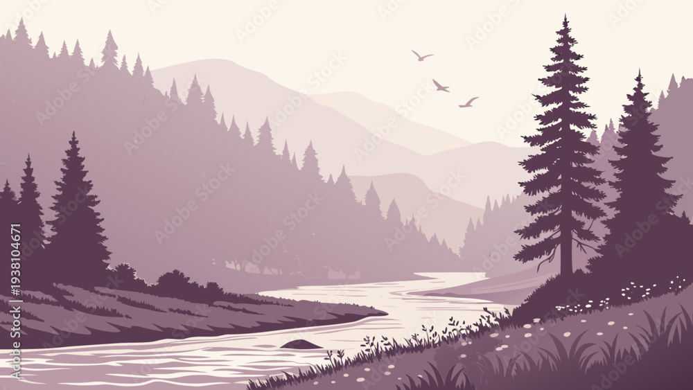 Fototapeta premium Misty River Valley with Forest and Soft Morning Fog Landscape