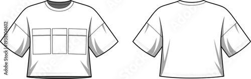 Vector illustration of cropped T-shirt front and back views with short sleeves, round neckline, chest patch pockets, stitching details, fashion garment technical drawing, and apparel sketch