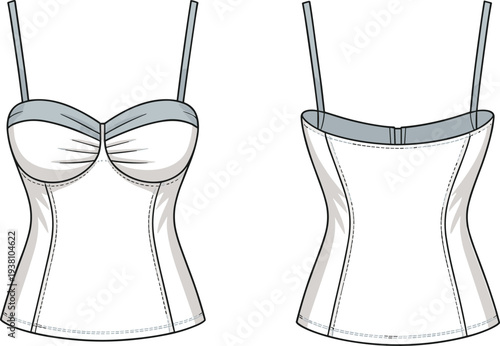 Vector illustration of fitted camisole top front and back views with spaghetti straps, sweetheart neckline, bust cups, princess seams, zipper closure, fashion garment technical drawing