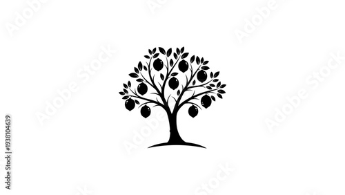 Silhouette of a tree with fruits and leaves on white background