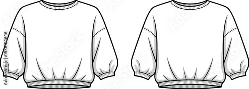 Vector illustration of long-sleeve sweatshirt front and back views with ribbed cuffs, ribbed hem, neckline variations, puffed sleeves, fashion garment technical drawing, and apparel sketch
