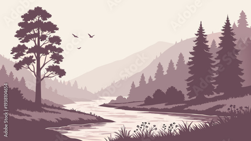 Misty River Valley with Forest and Soft Morning Fog Landscape