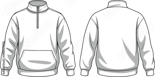 Vector illustration of quarter‑zip pullover sweatshirt front and back views with high collar, zipper closure, kangaroo pocket, ribbed cuffs, waistband, fashion garment technical drawing