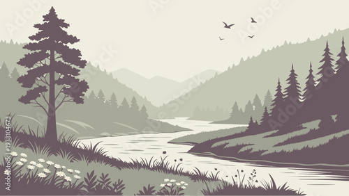 Misty River Valley with Forest and Soft Morning Fog Landscape