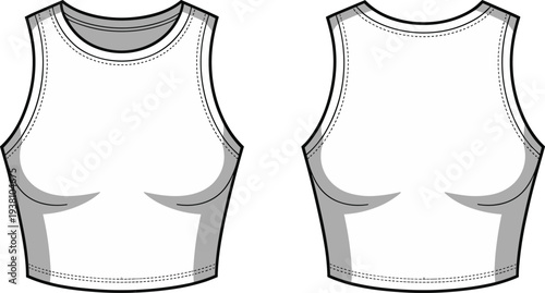 Vector illustration of sleeveless crop top front and back views with high neckline, fitted silhouette, seam details, fabric panels, fashion garment technical drawing, and apparel design sketch
