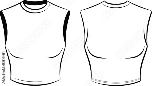 Vector illustration of sleeveless crop top front and back views with neckline variations, fitted silhouette, hem detail, stitching lines, fashion garment technical drawing, and apparel sketch