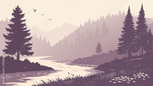 Misty River Valley with Forest and Soft Morning Fog Landscape