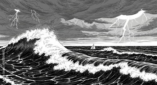 Dramatic monochrome illustration of stormy ocean waves with lightning bolts