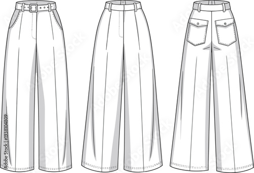 Vector illustration of wide-leg pants front, side, and back views with high waist, pleated legs, belt loops, patch pockets, stitching details, and garment construction sketch