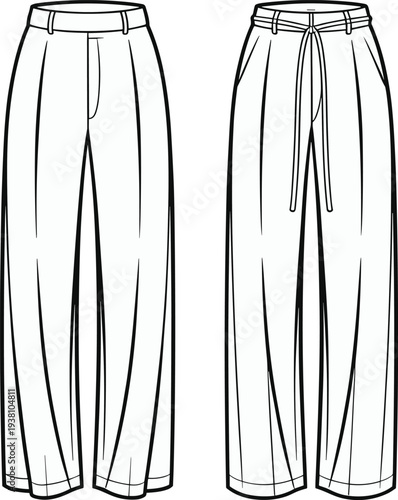 Vector illustration of wide-leg pants front views with waistband, belt loops, zipper fly, drawstring tie, pleated legs, fashion garment technical drawing, and apparel design sketch