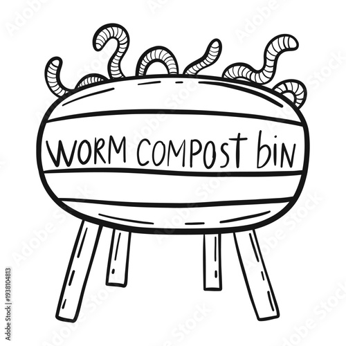 Black and white doodle drawing of compost bin with bunch of worms in it. compost bin is labeled with words "worm compost bin" and isolated on white background