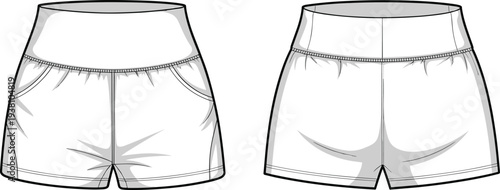 Vector illustration of women’s high-waisted athletic shorts front and back views with wide elastic waistband, side pockets, seam details, fashion garment technical drawing, and apparel design sketch