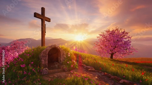 The empty tomb and cross on a hill at sunrise on easter morning. A beautiful spring landscape symbolizes the resurrection of jesus christ and the promise of new life