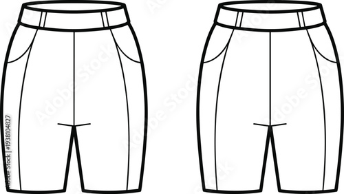 Vector illustration of tailored shorts front view with waistband, belt loops, side pockets, curved seam lines, fitted silhouette, fashion garment technical drawing, and apparel design sketch