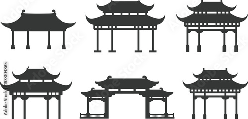 Asian traditional gate and pavilion silhouette collection with oriental temple architecture isolated on white background, cultural landmark illustration set