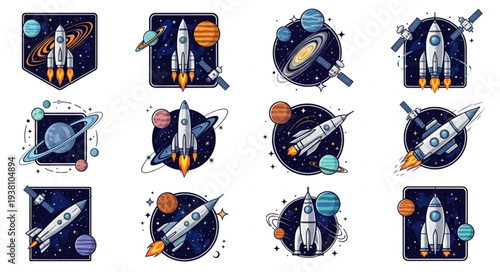 Collection of Space Rockets and Planets in Outer Space.