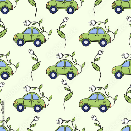 Doodle seamless pattern green eco electric cars and power cords with leaves. Perfect for eco textile design, packaging, creative projects promoting green mobility and conscious lifestyle