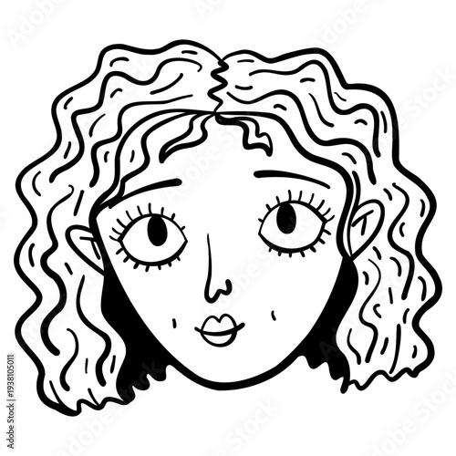 Woman with curly hair and a surprised expression. The drawing is in black and white. The woman's hair is styled in a way that makes it look like it's standing up