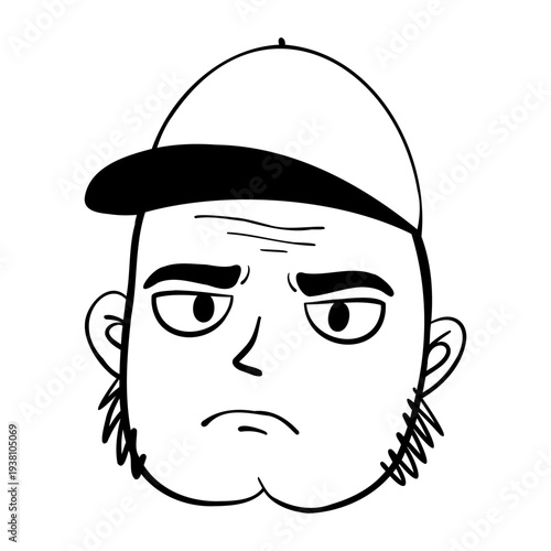 doodle style young man with hat on his head and frowning expression. man is wearing hat and has beard