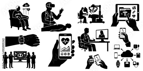 Set of digital health and telemedicine silhouettes, including remote patient monitoring, robotic surgery, wearable trackers, medical apps, and online doctor consultations isolated