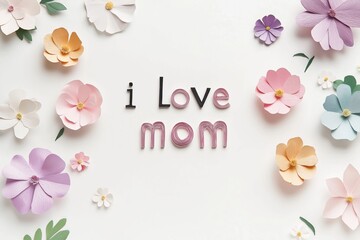 I Love Mom message surrounded by colorful handmade paper flowers, creating a heartwarming celebration of Mother's Day