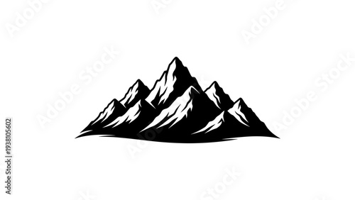 Monochrome mountain range silhouette with sharp peaks on white background