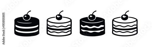 Decorative Round Cake with Cherry Icon Set. Sweet Dessert and Baked Goods Vector.