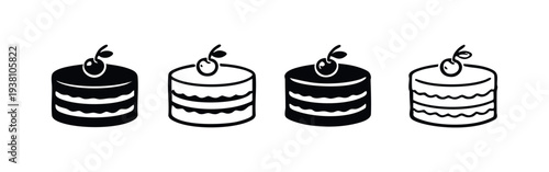 Round Layer Cake with Cherry Icon Set. Sweet Dessert and Pastry Vector Collection.