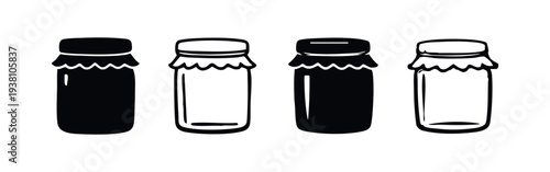 Jam or Preserves Jar Icon Set with Crinkled Lid in Black and White Doodle Style