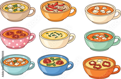 Set of nine different colorful ceramic bowls filled with various delicious hot soups and stews with vegetables for menu design