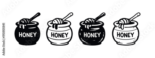 Honey Pot with Dipper and 'HONEY' Text Icon Set in Black and White Doodle Style