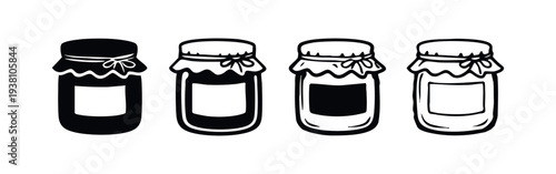 Homemade Jam Jars with Blank Labels and Ribbon Lids Icon Set in Black and White Doodle Style