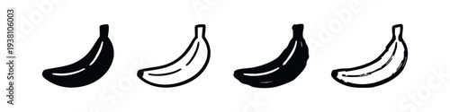 Stylized Banana Fruit Vector Icons in Solid, Outline, and Doodle Variations