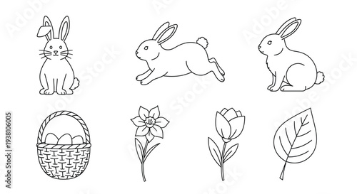 A simple black line art vector graphic collection featuring easter bunnies flowers and a basket
