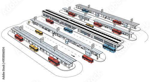 Modern public transportation hub with multiple train platforms and vehicles.