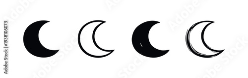 Collection of minimalist crescent moon icons in black and white styles on a white background