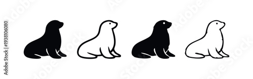 Set of minimalist sitting seal icons in black and white styles on a white background