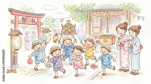 神社の夏祭りで遊ぶ浴衣姿の子どもたちと家族の手描き風イラスト