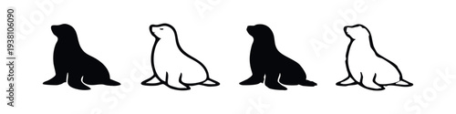 Minimalist set of sitting seal icons looking up, in black and white styles on a white background