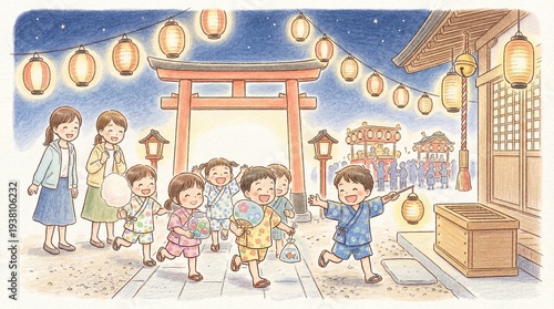 神社の夜祭りで遊ぶ浴衣姿の子どもたちと家族の手描き風イラスト