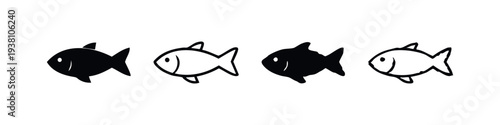 Assortment of simple fish icons in black and white, featuring various styles on a white background