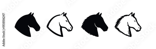 Set of four stylized horse head icons in different graphic styles, black silhouettes and outlines on a white background.