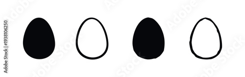 Set of four stylized egg icons in different graphic styles, black silhouettes and outlines on a white background.