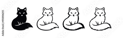 Set of four stylized sitting fox icons with bushy tails in different graphic styles, black silhouettes and outlines on a white background.