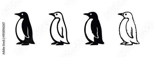 Cute Penguin Icon Collection - Stylized Arctic Bird Symbols in Black and White, Simple Vector Graphics