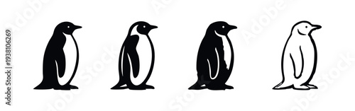 Minimalist Penguin Icon Set - Vector Illustration of Simple Arctic Bird Symbols in Black and White